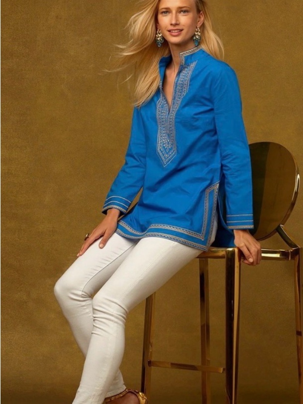 NicoBlu Cobalt Blue Embroidered Tunic with Contrast Gold Trim